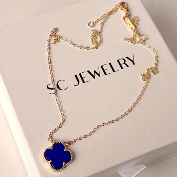 Last 1 🔥 Royal Blue Clover Necklace 14k Gold Tone Double Sided - Picture 2 of 13